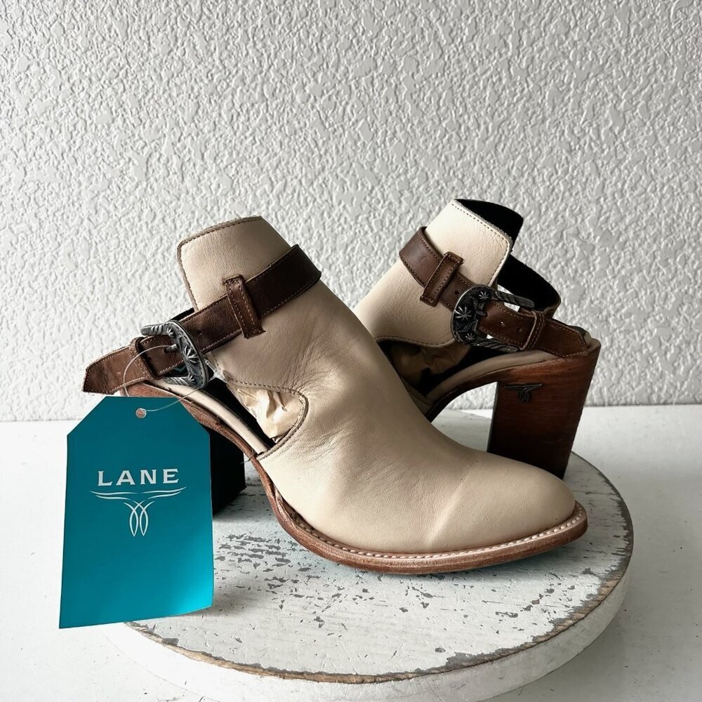 Lane Cream Leather Cutout Heel Booties with Brown Strap